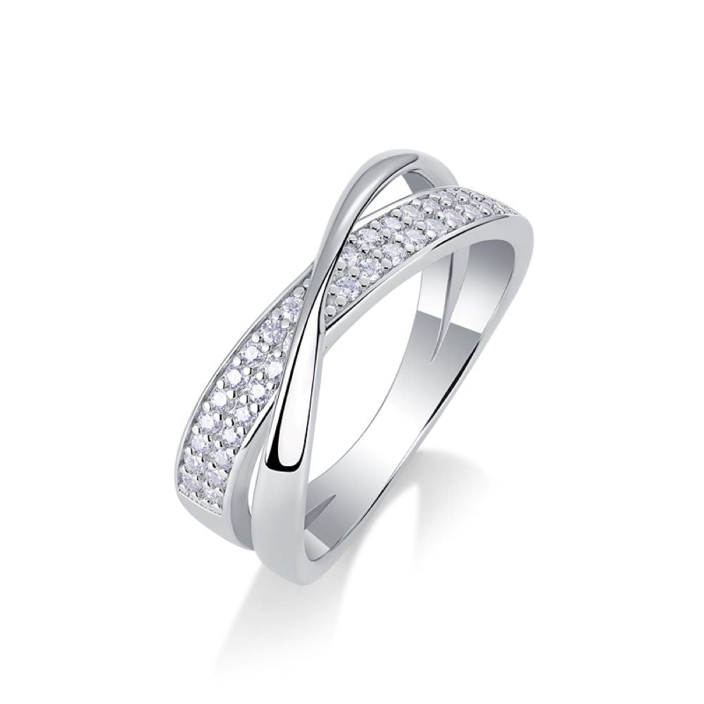 R13921-P “Graceful Spiral” Moissanite Ring – Sterling Silver Elegant Wrap Design