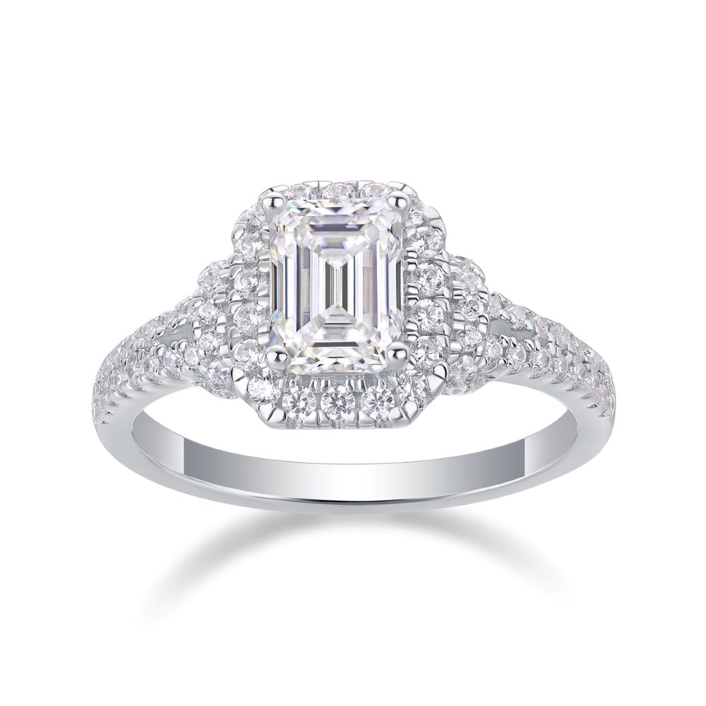 R13053-P Emerald Cut Moissanite Engagement Ring – Luxury Sparkle with Side Stones