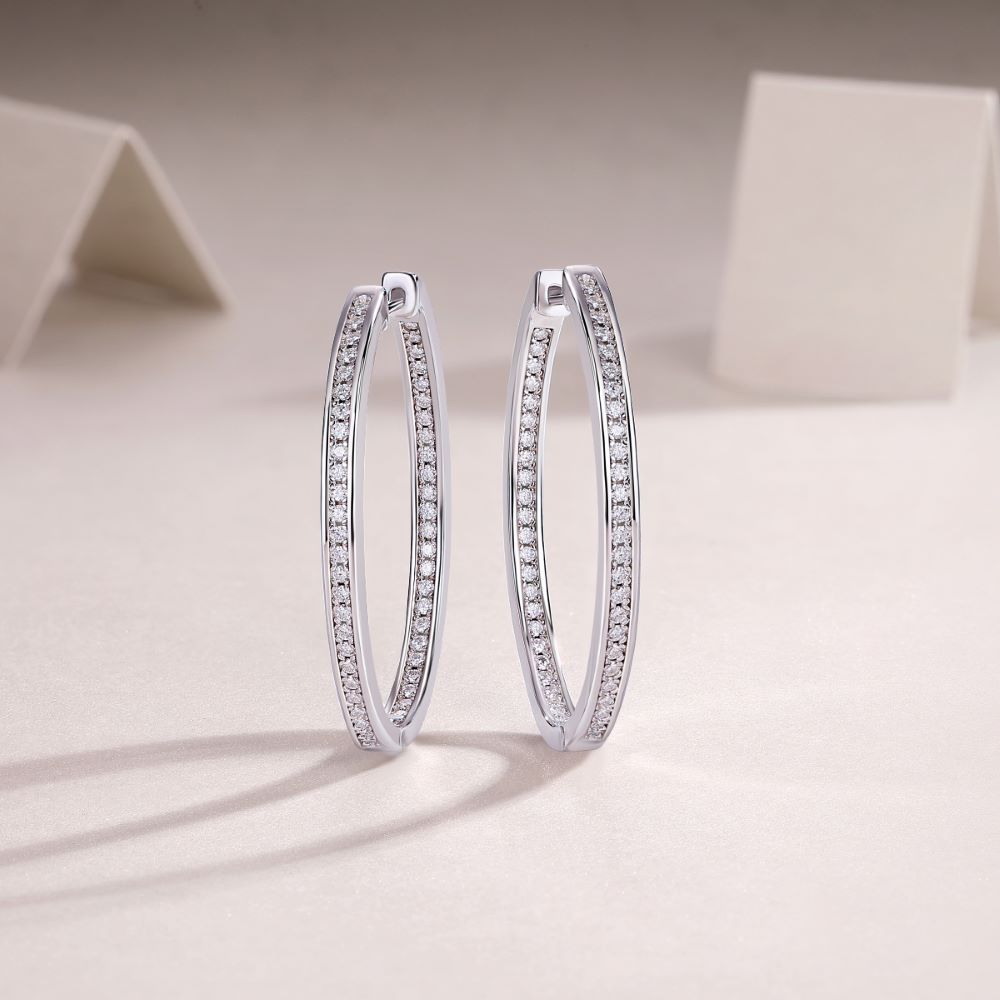 E13368-P Moissanite Pavé Hoop Earrings – Sterling Silver Elegant Minimalist Design