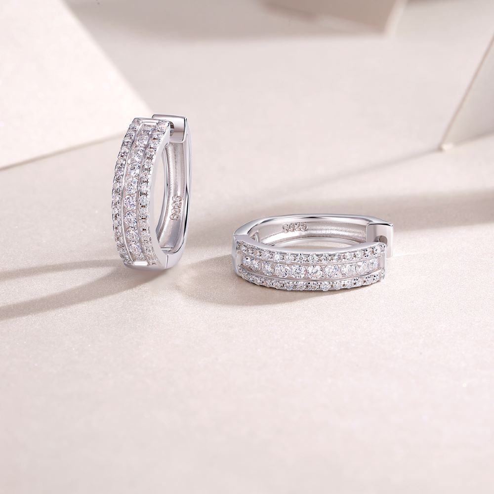 E13353-P Moissanite Double Row Stud Earrings – Sterling Silver Elegant Sparkling Design