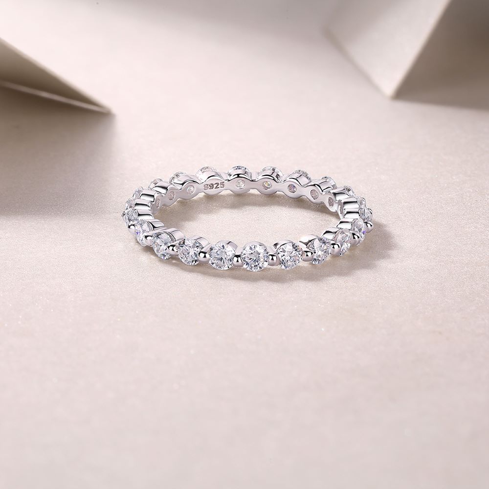 R13141-P Sparkling Moissanite Eternity Ring – 925 Sterling Silver with Alternating Stones