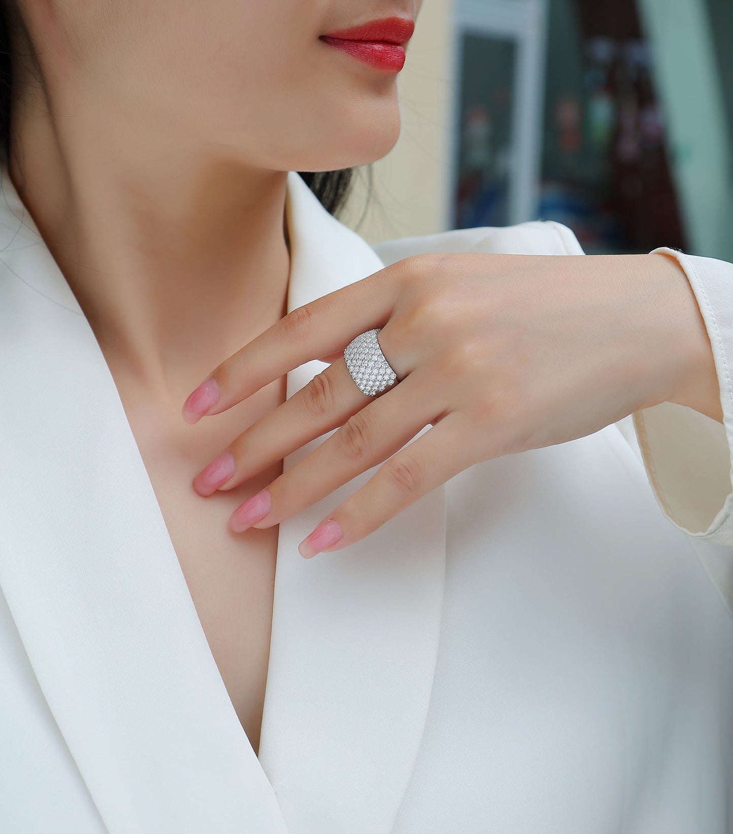 R13688-P Luxury Moissanite Pavé Ring – Sparkling Row Design in 925 Sterling Silver