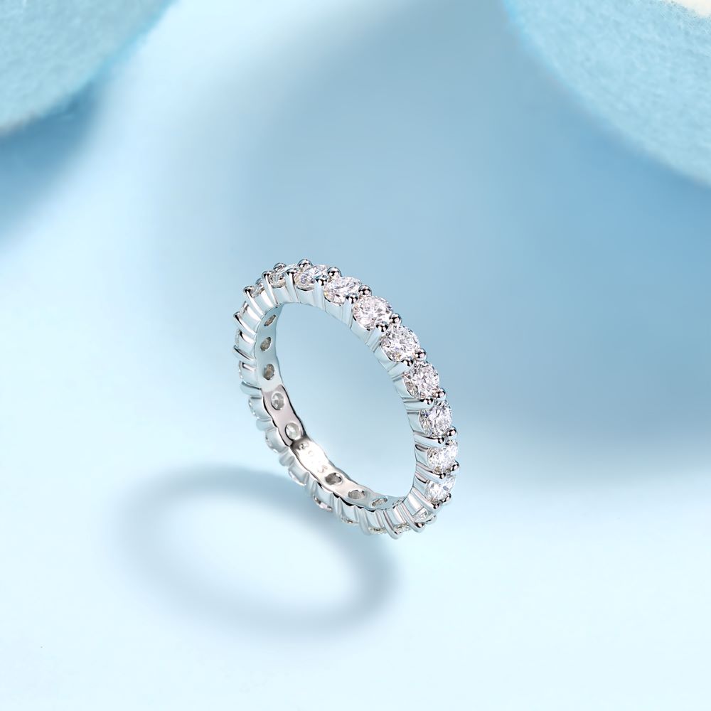R12742-P Brilliant Round-Cut Moissanite Ring – Pavé Band in 925 Sterling Silver