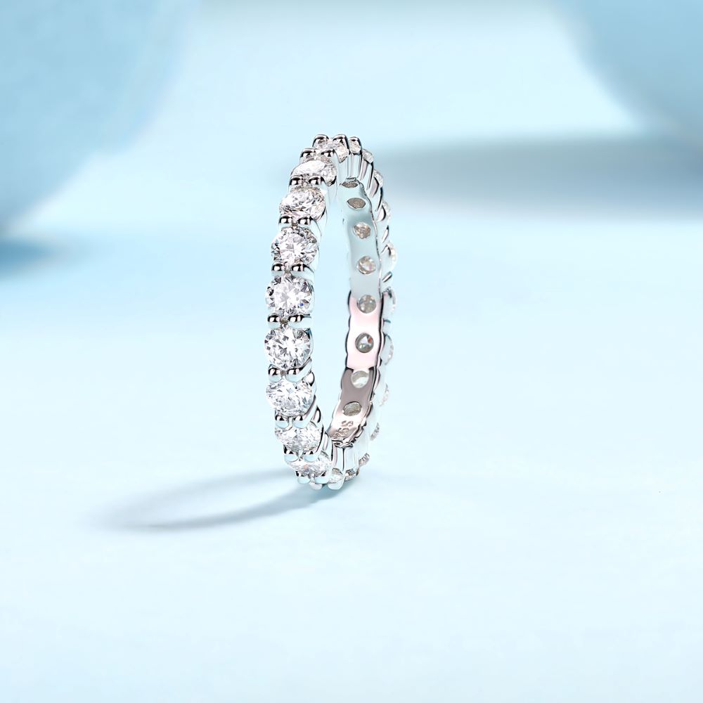 R12742-P Brilliant Round-Cut Moissanite Ring – Pavé Band in 925 Sterling Silver