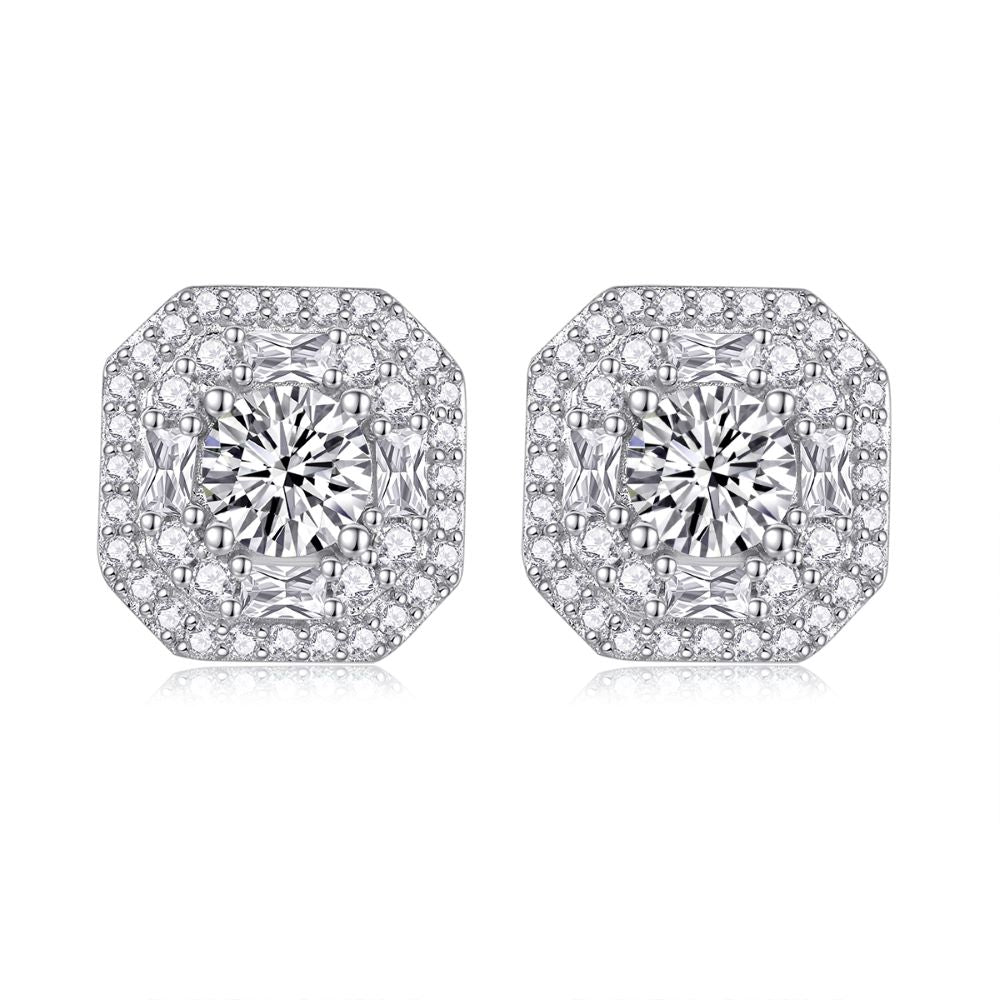 E13514 Starry Moissanite Stud Earrings – Sparkling Halo with Classic Prong Design
