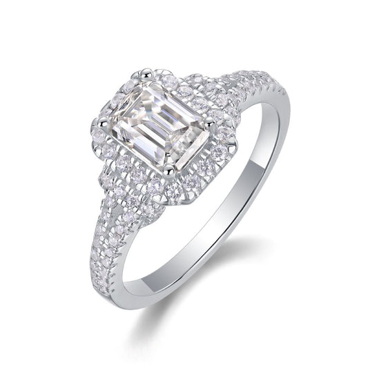 R13053-P Emerald Cut Moissanite Engagement Ring – Luxury Sparkle with Side Stones