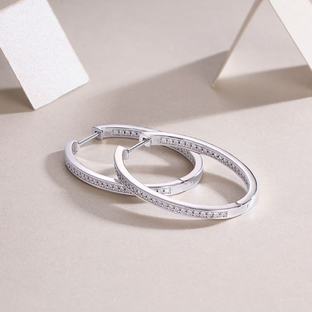 E13368-P Moissanite Pavé Hoop Earrings – Sterling Silver Elegant Minimalist Design