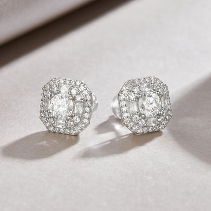 E13514 Starry Moissanite Stud Earrings – Sparkling Halo with Classic Prong Design