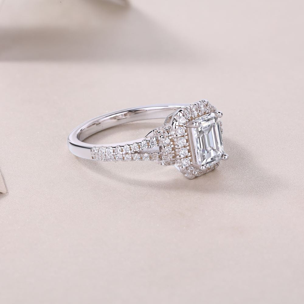 R13053-P Emerald Cut Moissanite Engagement Ring – Luxury Sparkle with Side Stones