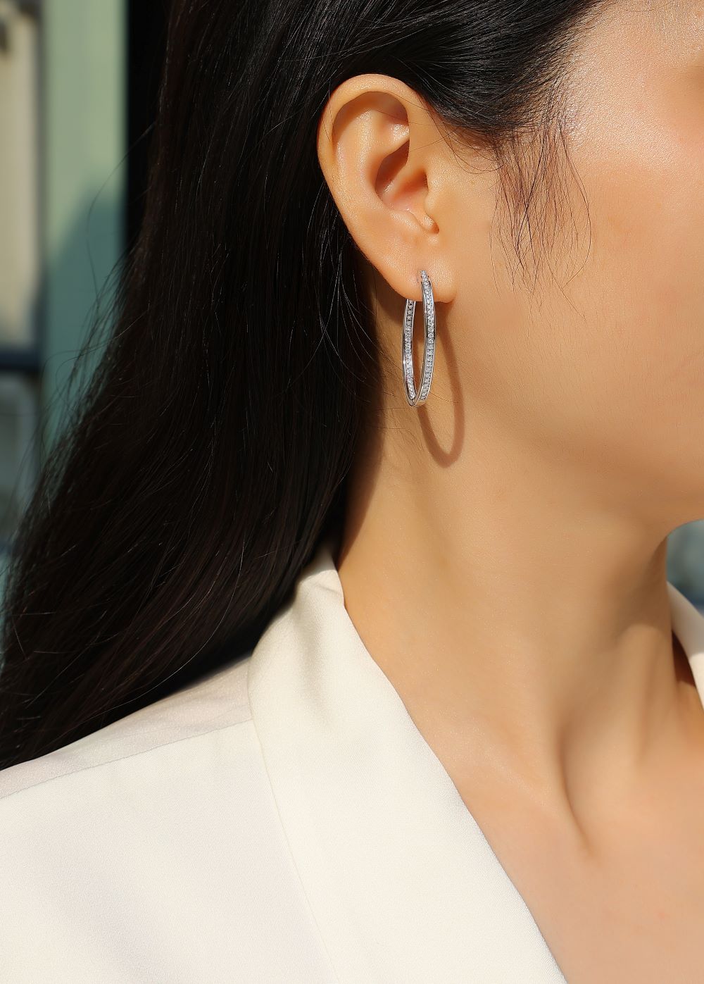 E13368-P Moissanite Pavé Hoop Earrings – Sterling Silver Elegant Minimalist Design