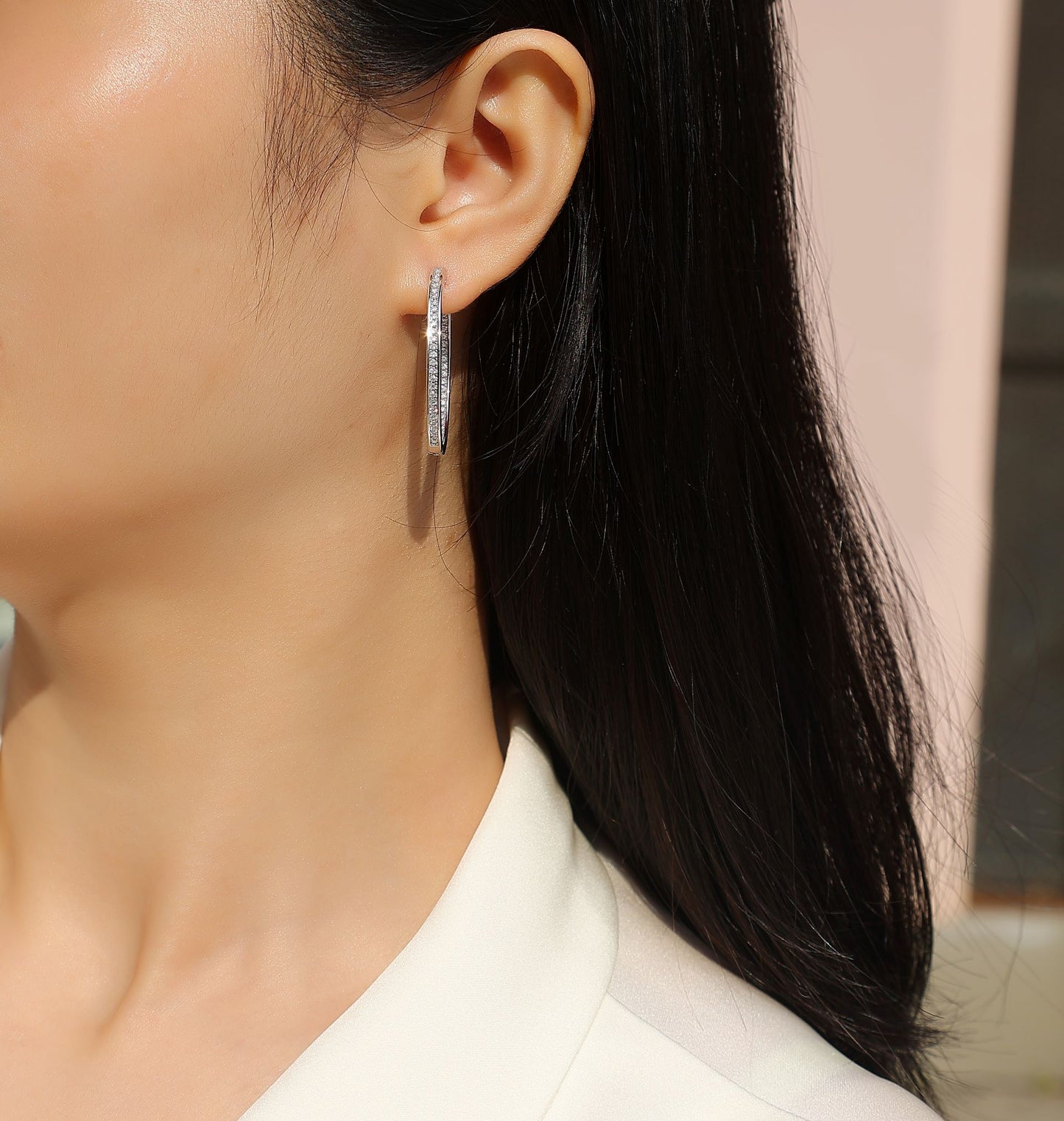 E13368-P Moissanite Pavé Hoop Earrings – Sterling Silver Elegant Minimalist Design