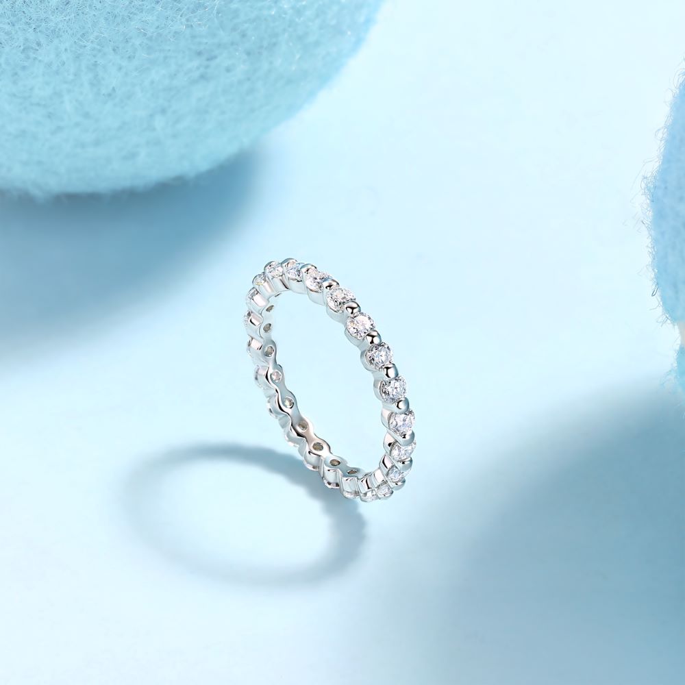 R13141-P Sparkling Moissanite Eternity Ring – 925 Sterling Silver with Alternating Stones