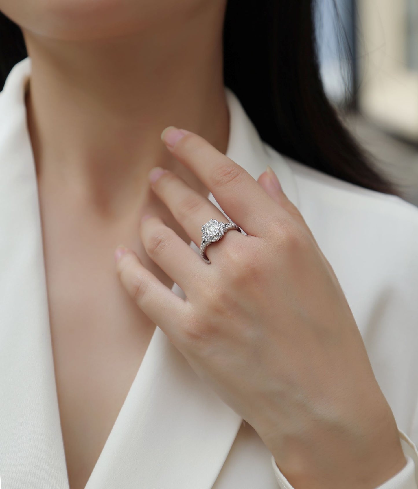 R13053-P Emerald Cut Moissanite Engagement Ring – Luxury Sparkle with Side Stones